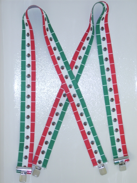 MEXICAN FLAG ON WHITE 2"X48" Suspenders with 4 strong 1"x 1" Grips and 2 Length Adjusters in the front, all in Stainless Steel. Entirely Stretchable Hand Washable and Hang to Dry Cotton/Polyester Material.                   UA220N48MXWH